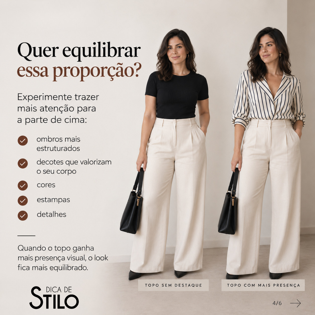 Comparação entre blusa preta e camisa listrada com decote em V, mostrando recursos para dar presença à parte superior.