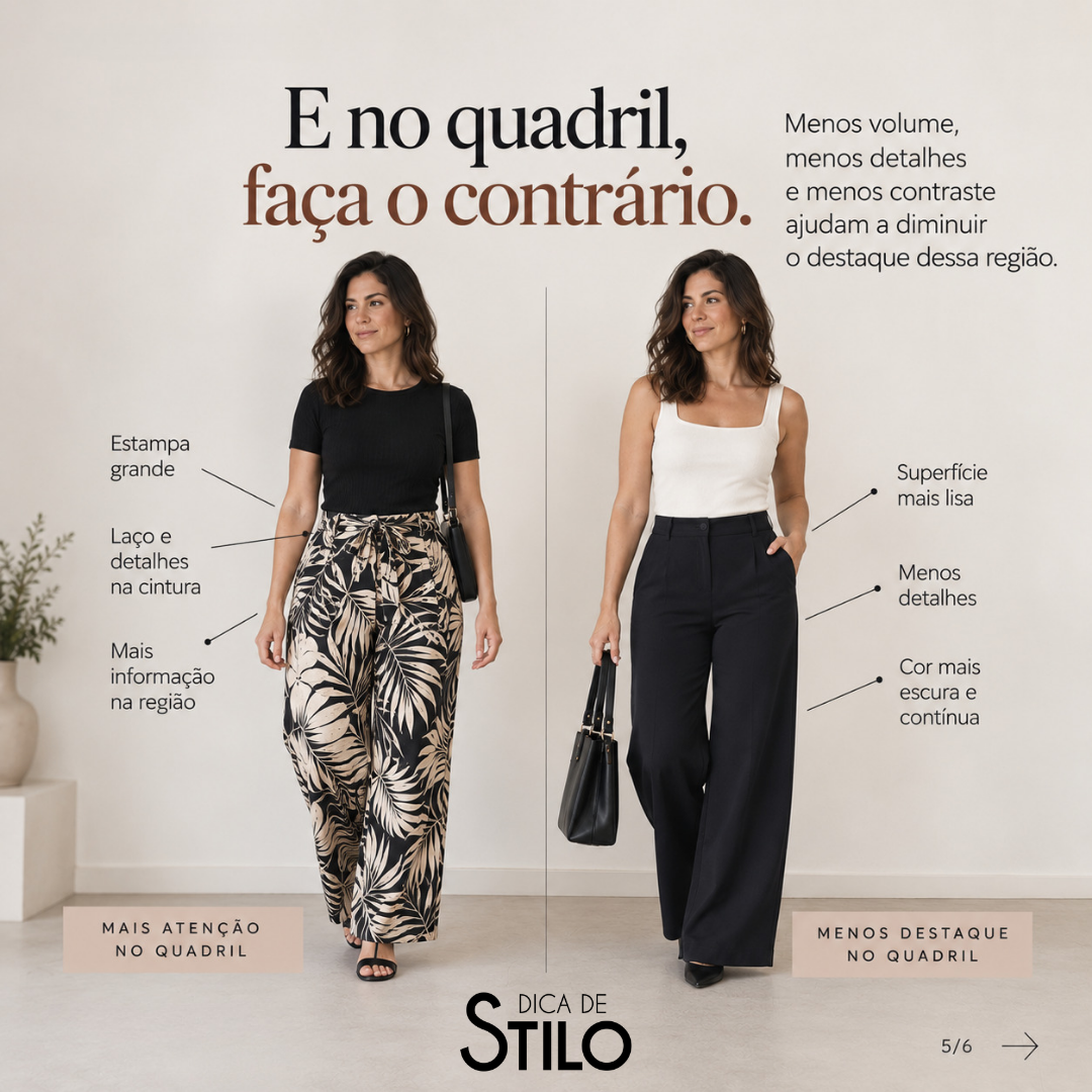 Comparação entre calça estampada com laço e calça escura lisa, mostrando diferentes quantidades de informação na região do quadril.