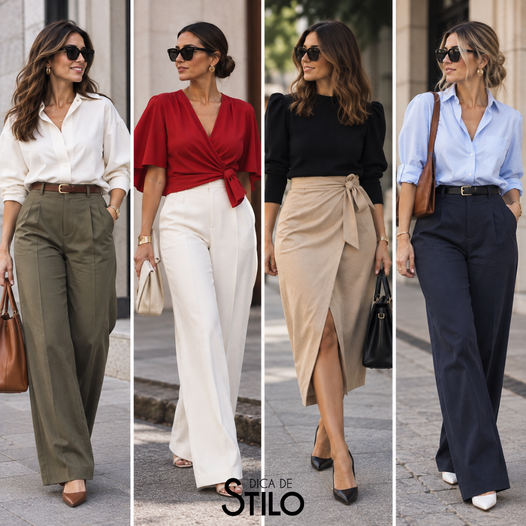 Quatro looks com calças verde, branca e azul-marinho e saia bege, combinadas com blusas branca, vermelha, preta e azul-clara.