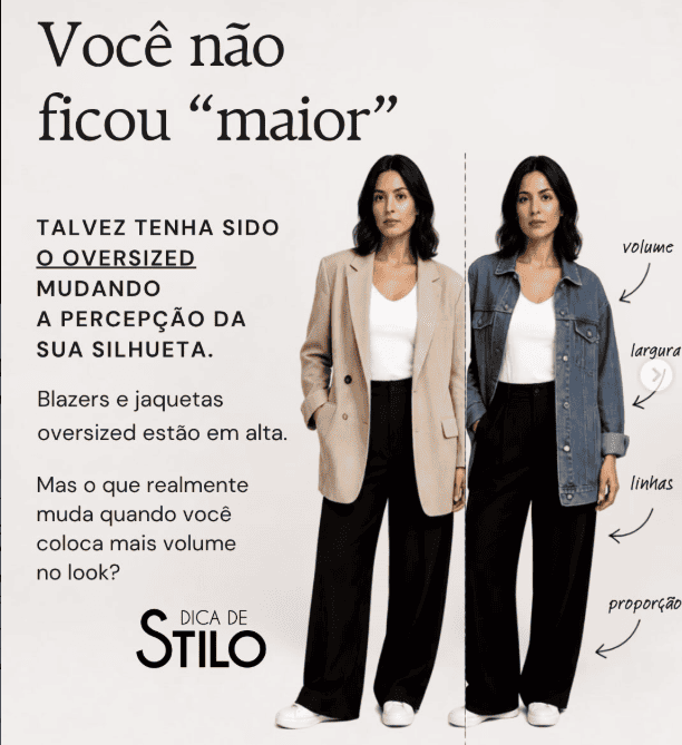 mulher usando blazer e jaqueta oversized mostrando diferentes efeitos de volume e proporção.