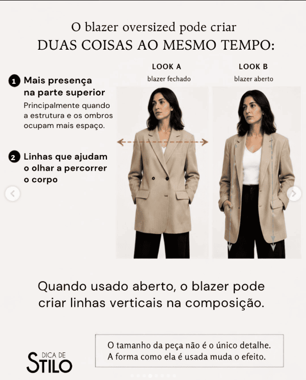 comparação entre blazer oversized fechado e aberto mostrando diferenças nas linhas e proporções do look.