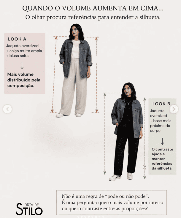 comparação de dois looks com jaqueta oversized mostrando diferentes distribuições de volume na composição.